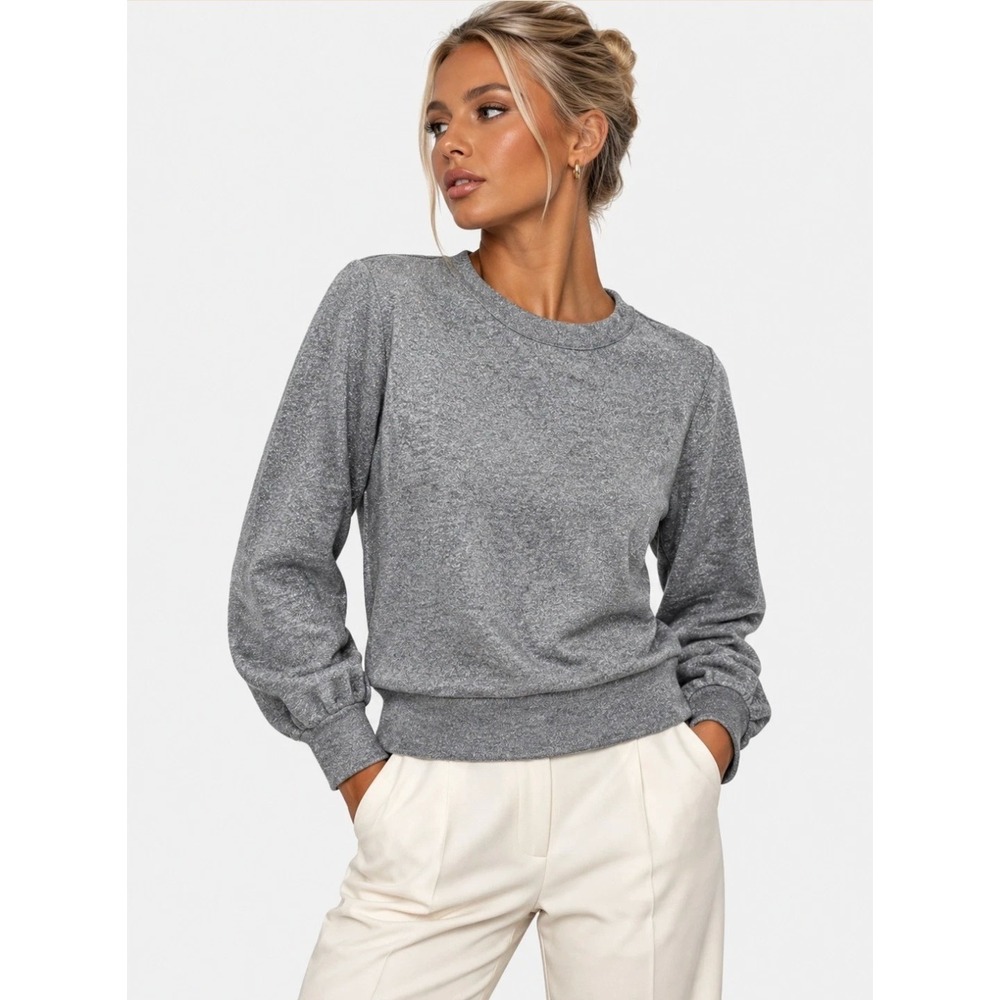 NWT White House Black Market Lurex Open Back Puff Sleeve Sweatshirt S